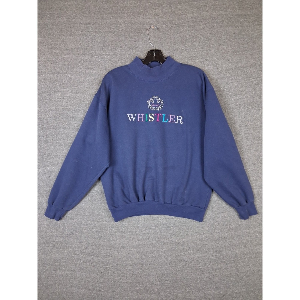 VTG Adult Sweatshirt Large Blue Fleece Whistler Canada Embroidered Mock Neck VTG